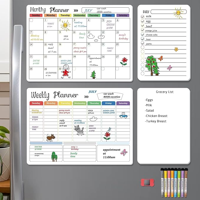 Hivillexun Magnetic Dry Erase Calendar Whiteboard Set (4-Pack) for Home and Kitchen, with Monthly and Weekly Views (16.5” x 11.8”), Magnetic Whiteboard and Daily Planners (12” x 8”) 8 Markers & Eraser