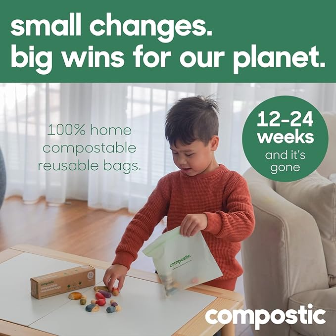 Compostic Home Compostable Resealable Gallon Bags, Microwave & Freezer Safe, Organic Food Storage Container, 60 Count