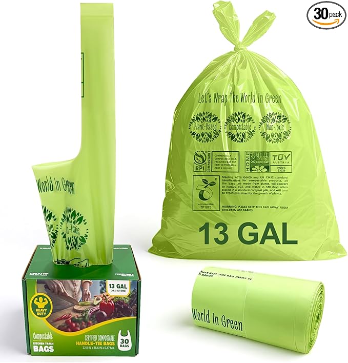 10-13 Gallon Compostable Trash Bags Handle-Tie, Heavy Duty Thick 0.87 Mil, 49.21 Liter, 30 Bags, Tall Kitchen Food Scrap Waste Bag, ASTM D6400, US BPI and OK Compost Home Certified
