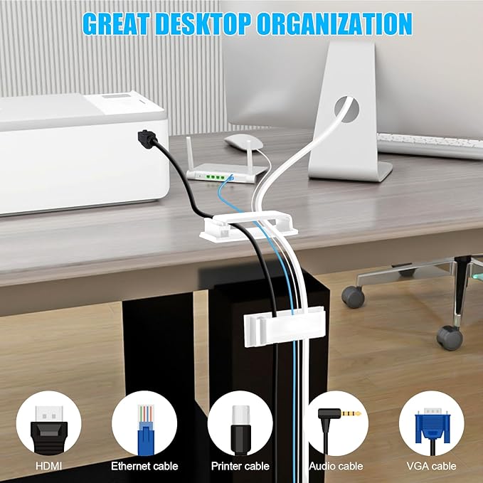 XHF 40 PCS Self Adhesive Cable Clips(XL) White,Wire Clips Cable Management Wire Organizer Cord Holder for Under Desk, Car, Wall, TV PC Ethernet Cable