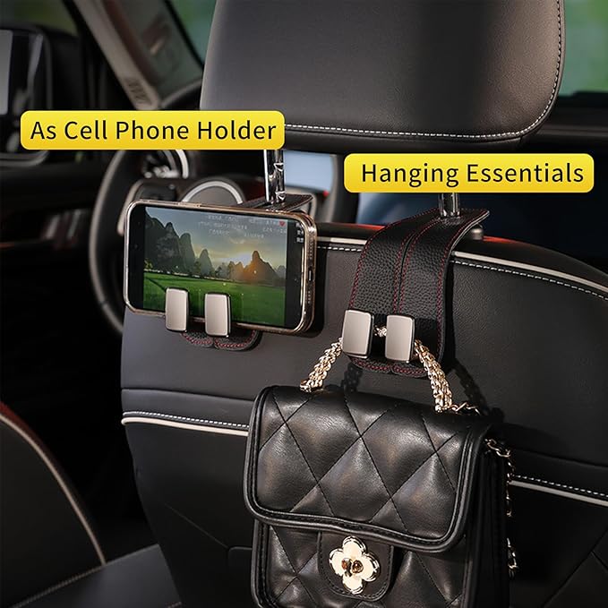 WEIHAO Car Purse Hook, Genuine Leather Car Seat Back Storage Hook, Purse Hook for Car Headrest, Twin Hook Leather Car Headrest Hangers, Bag Hook for Car, Trucks, SUVs, Most Vehicles (Black-1 PC)