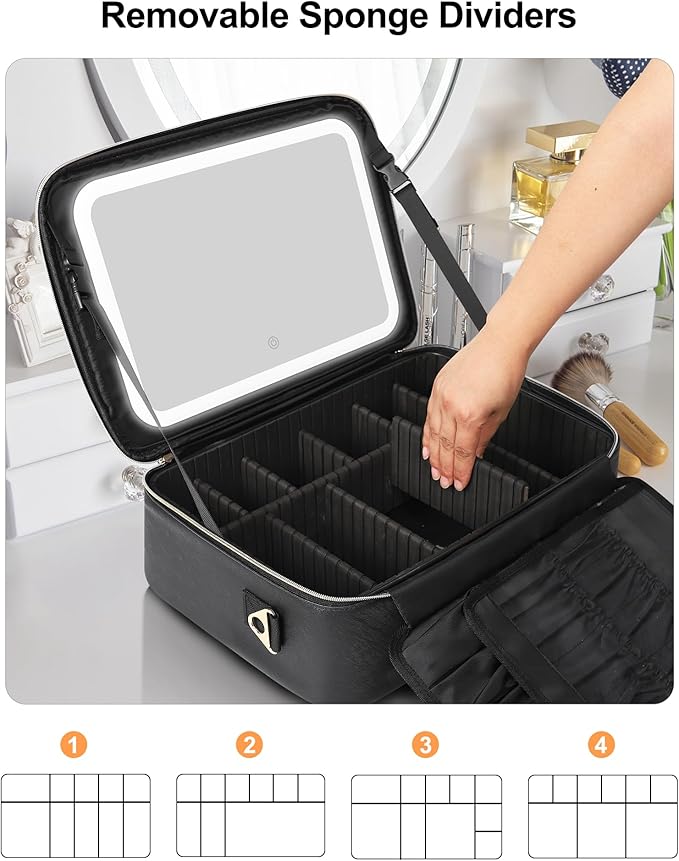 Relavel Large Makeup Case With LED Mirror, 16.2" Cosmetic Vanity Case with 3 Lighting Modes and Adjustable Brightness, Professional Travel Makeup Organizer for Makeup Artist with Strap, Black