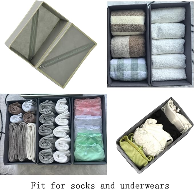 Socks Drawer Organizer Set of 3 Pack Light Grey, Small Underwear Dividers, 11' Closet Cabinet Wardrobe Dresser Storage Boxes for Panty Stockings Leggings Baby Clothes