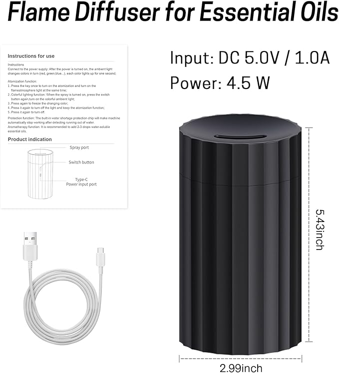 Rican Car Diffuser, Black Car Humidifier,Flame Diffuser for Essential Oils - Mini Portable Humidifier Cool Mist,100ml Colorful Air Aroma Diffuser,Aromatherapy Diffuser for Home Office