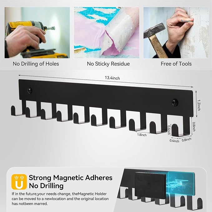 Magnetic Key Holder for Frideg,Heavy Duty Strong Magnetic Key Hanger with 10 Hooks for Refrigerator,Magnetic Key Holder Wall Mount for Metal Surface in Entryway,Garage,Pantry,Washing Machine