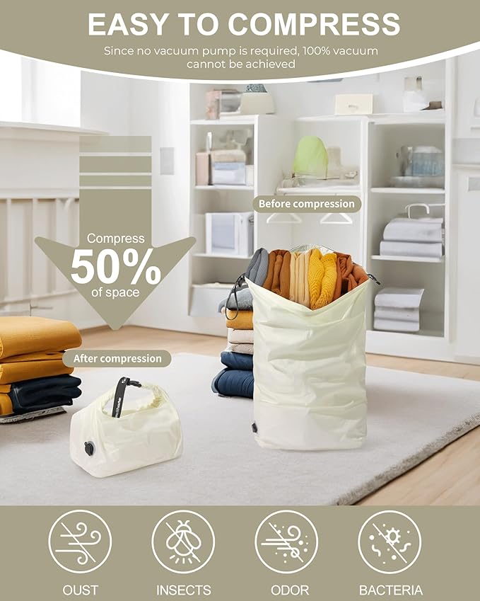 Travel Laundry Bag, Pump-free Vacuum Compression Dirty Clothes Bag, Large Reusable Waterproof & Washable Laundry Bag, Wet and Dry Bag, Ideal for Suitcases, Laundromats (1 Pcs) White