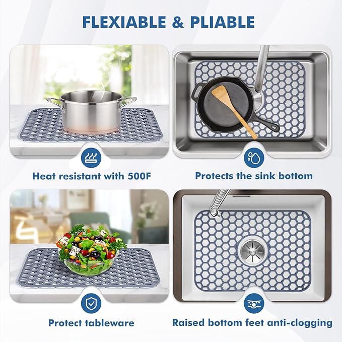 Silicone Sink Protectors for Kitchen Sink with Center Drain - 18.2"x12.5" Kitchen Accessory, Non-Slip Heat Resistant Mat for Bottom of Farmhouse Porcelain Stainless Steel, Dishwasher Safe