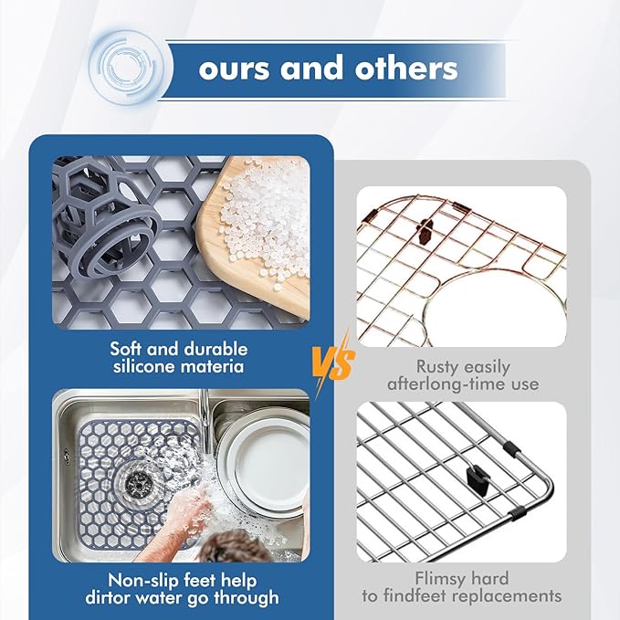 2 Pack Silicone Sink Protectors for Kitchen Sink with Center Drain - 12" x 11" Kitchen Accessory, Non-Slip Heat-Resistant Mat for Bottom of Porcelain Stainless Steel, Dishwasher Safe