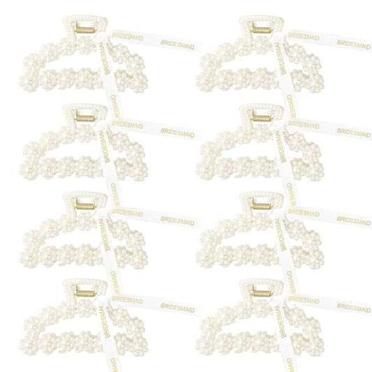 DEEKA Bridesmaid Proposal Gifts 8 Pack Pearl Bridesmaid Hair Claw Clips with Ribbon 3.7 Inch Large Hair Clips Bachelorette Party Favors Bridal Party Present Hair Accessories (Half Circle L)