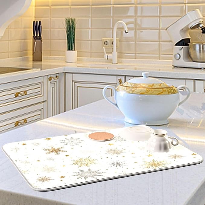 Winter Snowflake White Dish Drying Mat for Kitchen Countertop 16x18 Christmas Snow Golden Xmas Small Drying Mat Reusable Quick Dry Dish Sink Mats Easy Clean Decorative Essentials