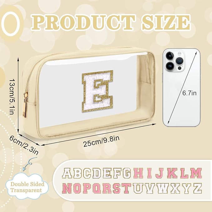Small Clear Personalized Initial Makeup Bag,Nylon Preppy A-Z Chenille Letter Patch Cosmetic Pouch Beach Toiletry Bag,Waterproof Zipper Travel Purse Storage Bag Organizer for Women Girls(Beige-White E)
