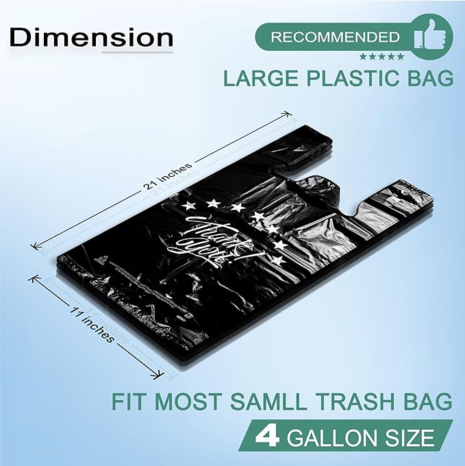 YoYoRain 1000 Count Black “Thank You” T-Shirt Bags – Reusable & Disposable Grocery & Supermarket Carry Bags, 11"x6"x21"
