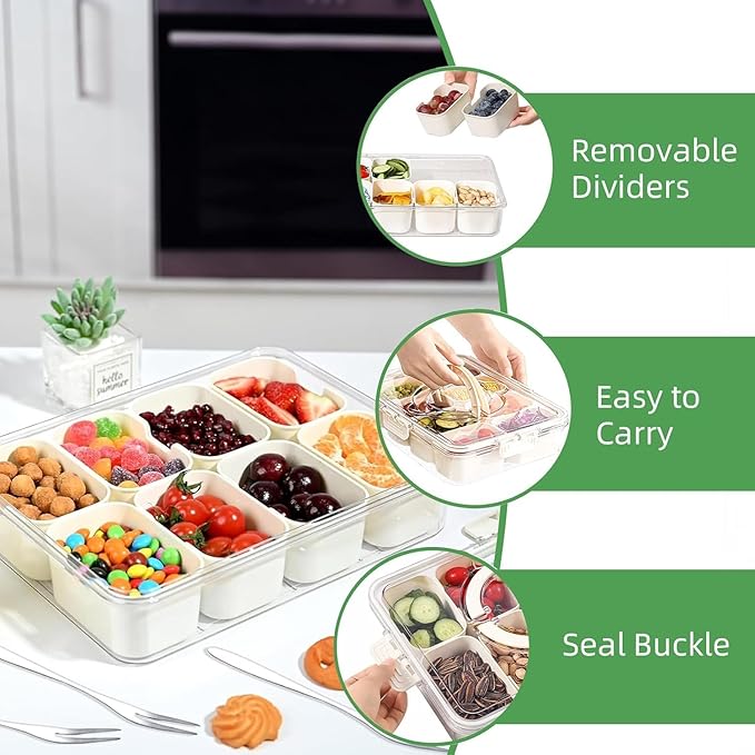 Snackle Box Container, Divided Serving Tray with Lid and Handle, Portable Charcuterie Board for Portable Snack Platters, Clear Organizer for Candy, Fruits, Nuts, Snacks, Perfect for Party, Travel