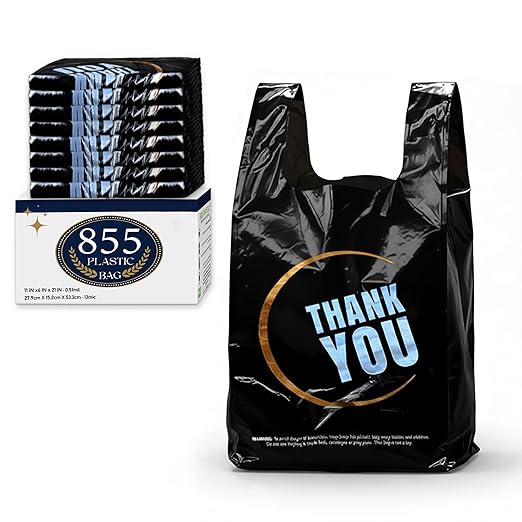 YoYoRain 855 Pack Black T-Shirt Bags with Handles, 11.5"x6.25"x21" Durable HDPE Plastic Shopping & Carry-Out Bags for Grocery, Retail, Takeout & Small Business