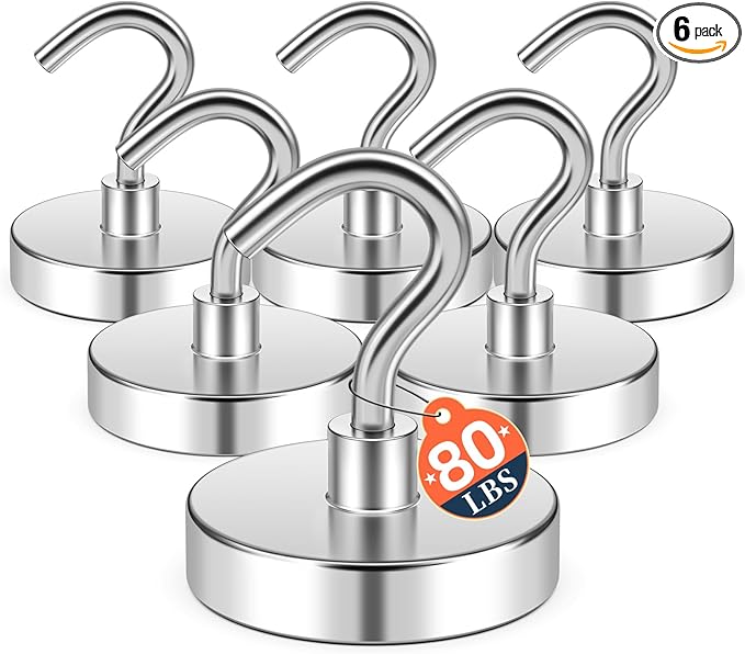 FINDMAG Magnetic Hooks, 80lbs Extra Strong Cruise Magnets, Heavy Duty Magnets with Hooks, N52 Neodymium Magnetic Hooks for Hanging, Fridge, 2026 Cruise Cabin Ship Essentials, Travel (6 Pack, Silver)