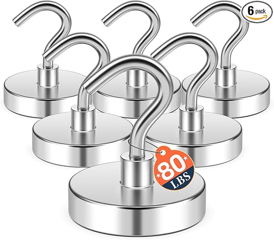 FINDMAG Magnetic Hooks, 80lbs Extra Strong Cruise Magnets, Heavy Duty Magnets with Hooks, N52 Neodymium Magnetic Hooks for Hanging, Fridge, 2026 Cruise Cabin Ship Essentials, Travel (6 Pack, Silver)