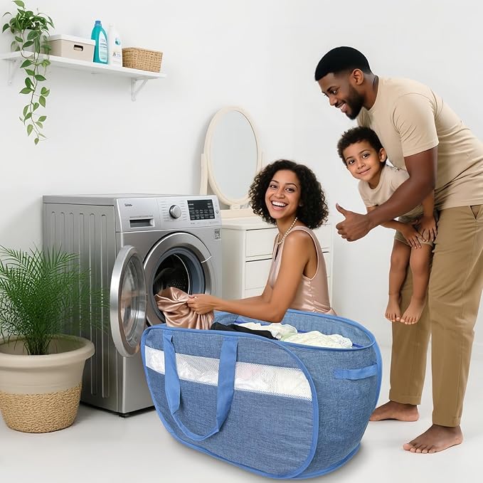 100L Mesh Pop Up Laundry Hampers with Handles, Extra Large Collapsible Laundry Baskets 2 Pack, Portable Travel Laundry Basket, Dirty Clothes Hamper Light Breathable, Bule. 2H