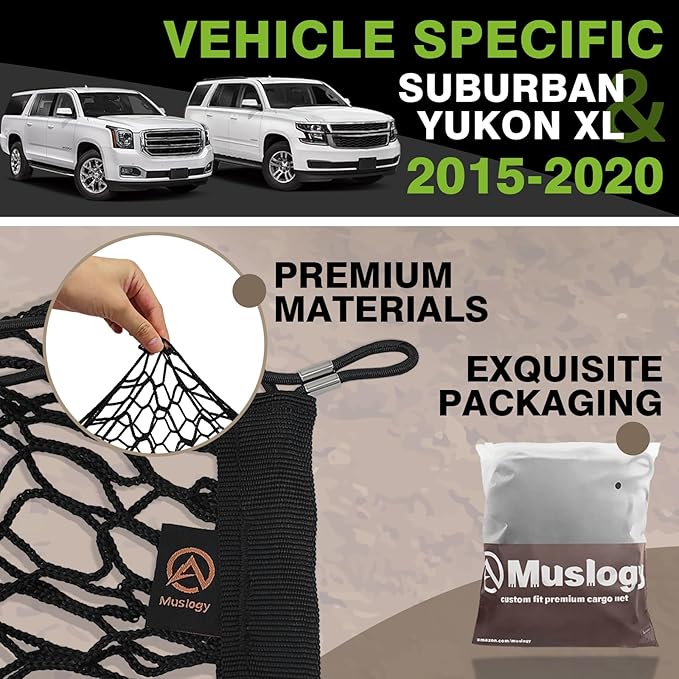 Muslogy Envelope Style Trunk Cargo Net Compatible with 2015-2020 Chevy Suburban, GMC Yukon XL Accessories Upgraded Mesh Storage Luggage Net with Metal Hooks