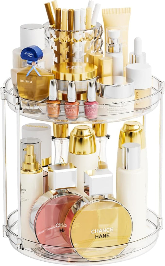 Yieach Clear 360 Rotating Bathroom Counter Organizer,2 Tier Spinning Perfume Organizer and Makeup Tower for Lotion,Hair,Face Skincare Beauty Products,Tiered Lazy Susan and Makeup Organizers for Vanity
