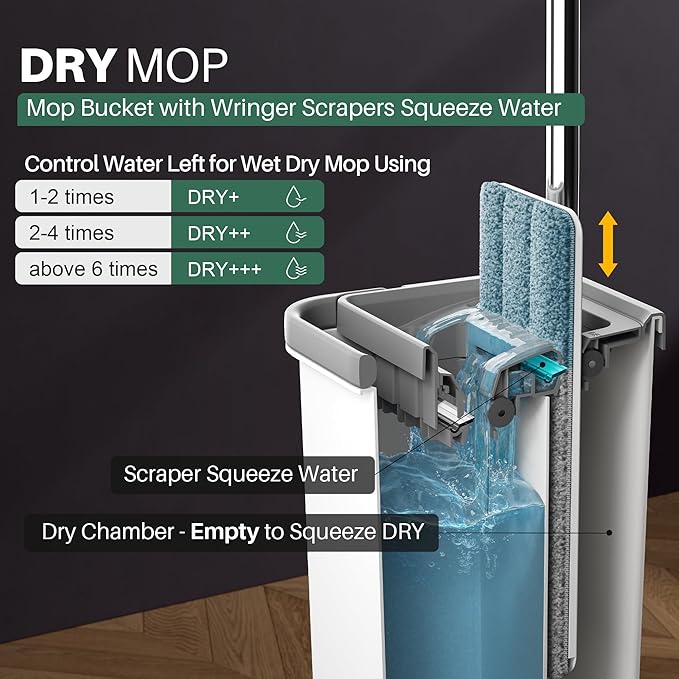 JOYMOOP Mop and Bucket Set, Hands-Free Flat Floor Mop, 8 Washable Microfiber Pads, Wet and Dry Use, Commercial & Household Floor Cleaning System, Ideal for Home and Office