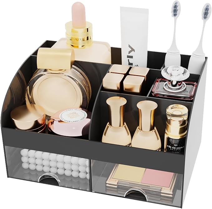 Makeup Organizer with 2 Drawers, Cosmetic Storage for Dresser Vanity and Bathroom Countertop, Makeup Organization and Skincare Storage with Beauty Brush Holder, Cosmetic Display Case (Black)