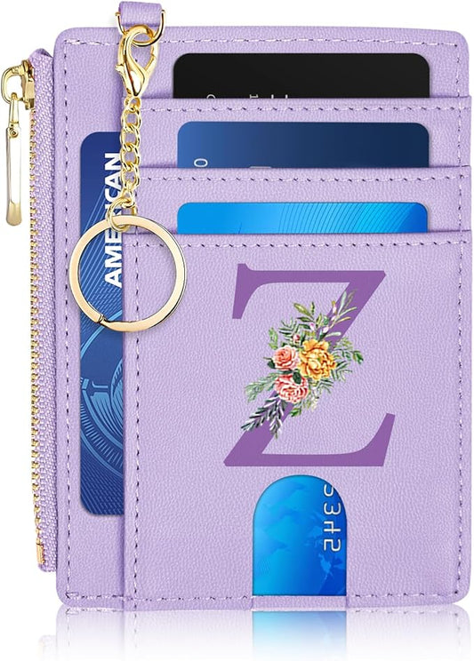 Slim Wallet for Women Credit Card Holder with D-Shackle ID Window and Detachable Keychain,Personalized Birthday Gifts for Girls Women Her Freind Sister Girlfriend,Initial Letter Z(Purple)