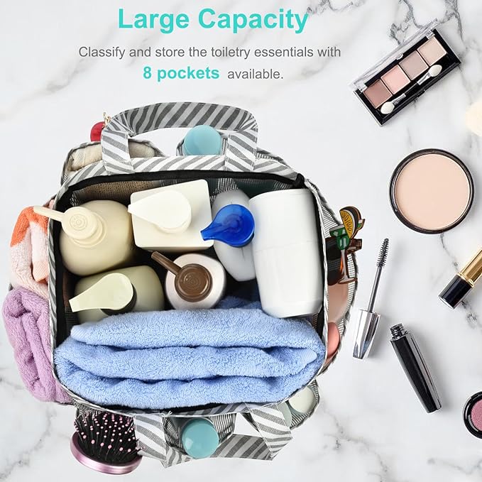Haundry Mesh Shower Caddy Bag, Portable College Dorm Bathroom Tote, Quick Dry Holder for Camp Gym, 8 Basket Pockets with Key Hook and 2 Oxford Handles, Gray