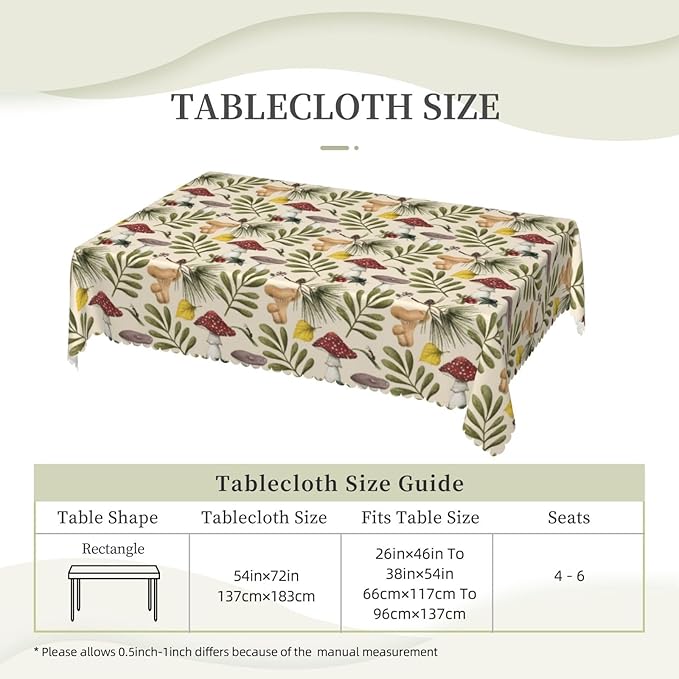 VIMPEYDON Forest Mushroom Table Cloth for Dining Tables, Reusable Herb Botanical Tablecloths Kitchen Plant Green Leaves Tabletop Decoration Rectangle Table Cover for Holiday,Party,Picnic, 54x72 Inch