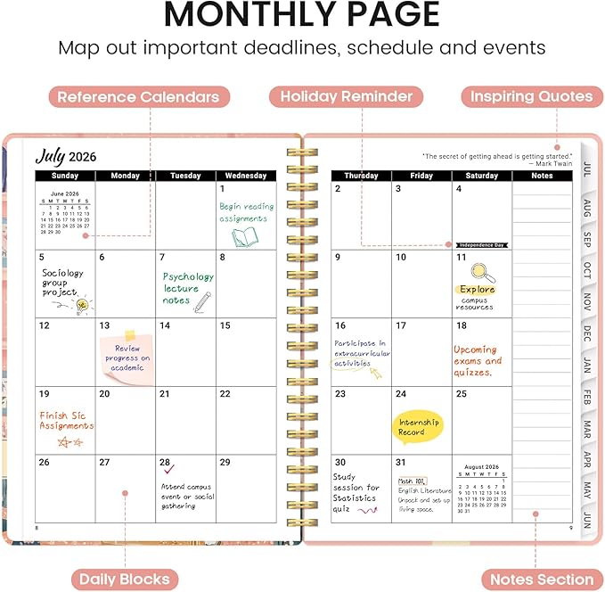 Planner 2026-2027, Academic Monthly and Weekly Calendar Planner for Women, July 2026 - June 2027, Hardcover Pretty Agenda Planner Book with Tabs, Spiral Daily Organizer for School Office Home Supplies, 8.5" x 11" - Bookish Kitty