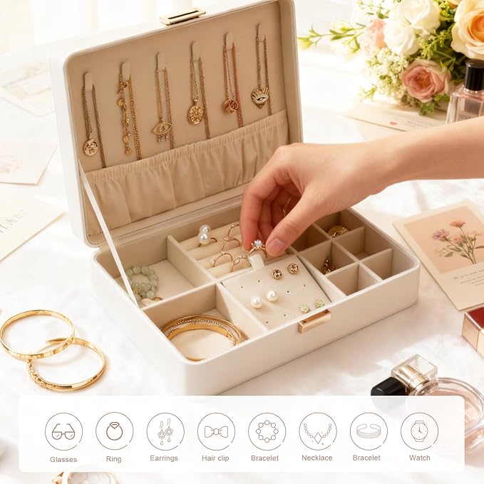 Jewelry Box Secure Travel Jewelry Case Anti-Tarnish Single Layer Organizer for Rings, Earrings, Pendants, Necklaces Compact for Home & Storage White