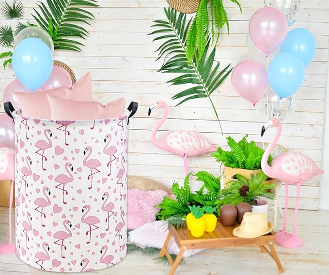 HIYAGON Pink Flamingo Baby Laundry Basket Baby Hamper for Nursery Girl Kids Pink Hamper Cute Kids Toys Storage Bin Organizer Flamingo Room Decor for Home(Heart Flamingo)