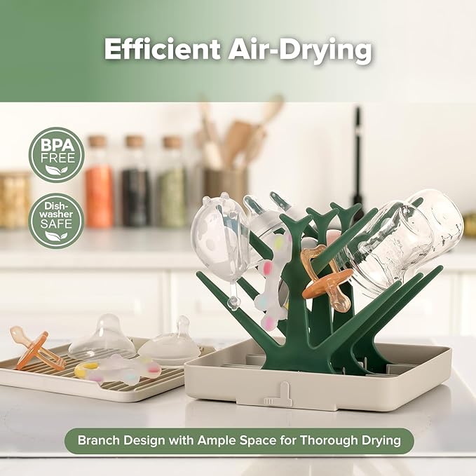 haakaa Portable Baby Bottle Drying Rack with Tray, Space Saving Bottle Drying Tree for Bottles/Pump Parts/Pacifiers,Easy-Store Dryer Rack Great for Home & Travel, BPA Free (Green)