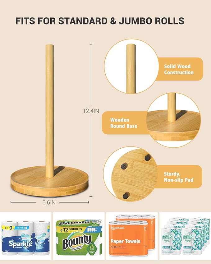 NESAPTO Paper Towel Holder Countertop, Wooden Freestanding Paper Towel Stand for Modern Farmhouse & Cottagecore Decor, Kitchen Bathroom Essential, Bamboo