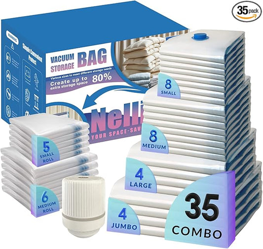 35 Pack Vacuum Storage Bags with Electric Pump, Compression Space Saver for Comforters, Bedding, Blanket Storage, Vacuum Seal Bags for Clothing, Luggage and Closet Organizer