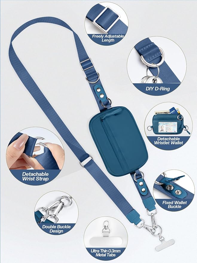 Clip and Go Strap for Phone with Wallet Crossbody Phone Lanyard Adjustable and Detachable RFID Wristlet Wallet with ID Window and Zipper, Blue