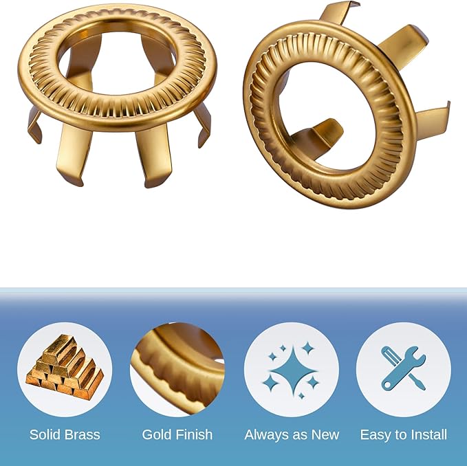 2 Pack Sink Overflow Ring, WOWOW Bathroom Kitchen Sink Basin Trim Copper Overflow Cover Hole Insert Cap, Vanity Sink Trim Rings (Brushed Gold)