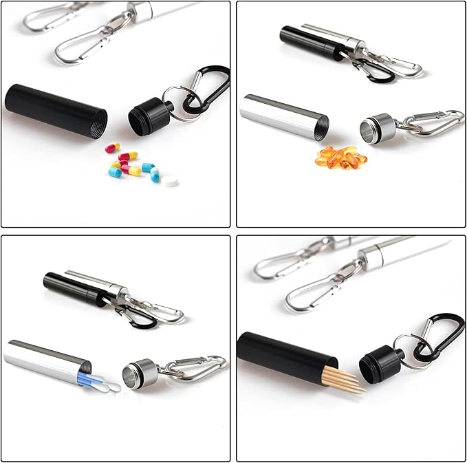 4 Pack Portable Pill Box Container Case Aluminum Alloy Keychain Pill Holder Waterproof Metal Earplugs Toothpick Box for Outdoor Camping Travel (2Pcs Black + 2Pcs Silver)