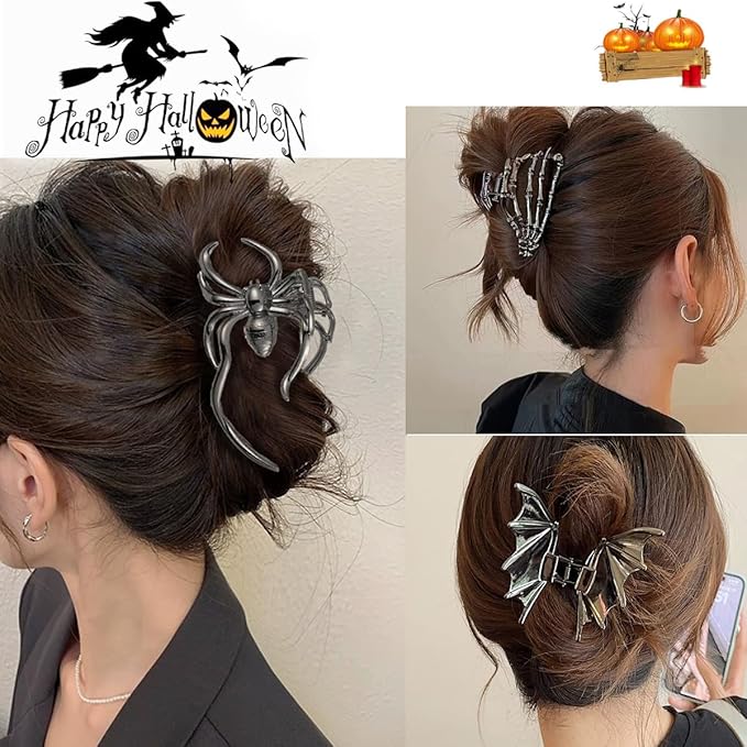 3 Pieces Large Metal Spider Net Bat Hand Hair Claw Clips for Women and Girls Thick Long Hair, Nonslip Skeleton Spooky Barrette Headband Hair Styling Accessories for Halloween Christmas Gifts