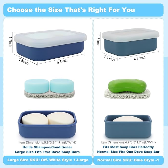 Leak Proof Travel Soap Case, Solid Shampoo Bar Holder, Silicone Soap Container with Draining Layer, Portable Bar Soap Holder for Bathroom, Camping, Gym, Easy to Clean (Blue, Large)