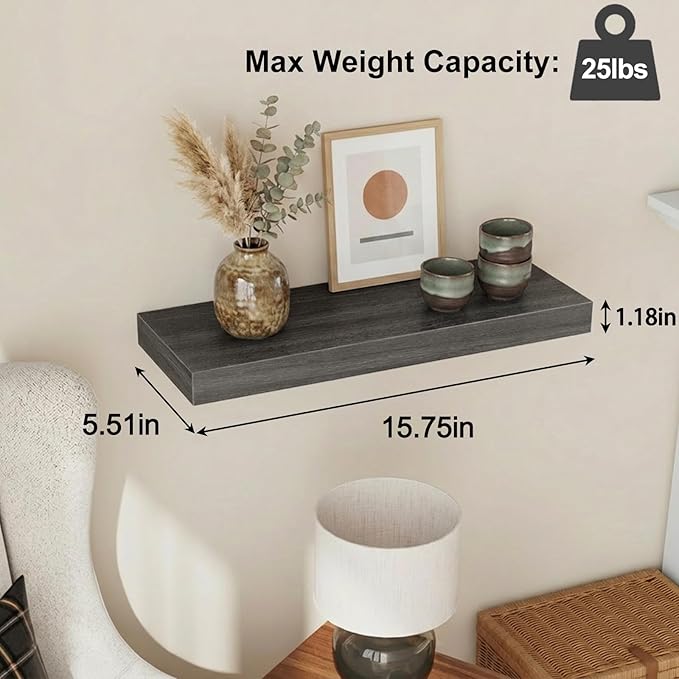 Fixwal 15.8in Floating Shelves, Rustic Wood Finish Wall Shelves Set of 4, Shelves for Wall Decor, with Invisible Brackets for Bathroom, Living Room,Bedroom and Kitchen(Gray)