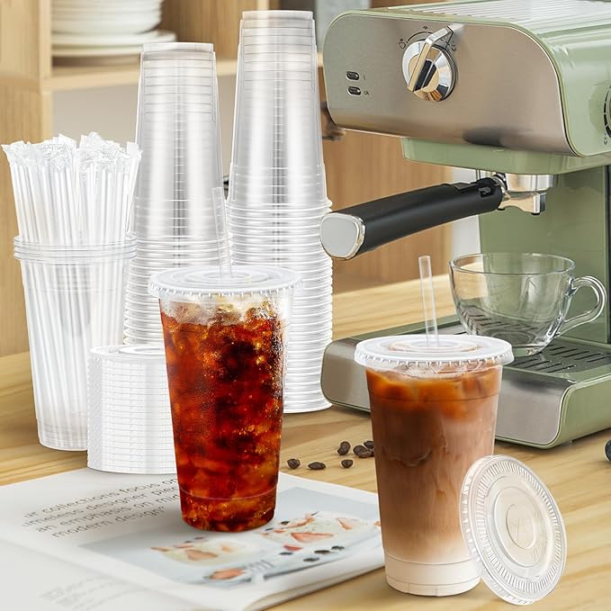 Lamosi 100 Pack 20 oz Clear Plastic Cups with Lids and Straws, Disposable Iced Coffee Cups with Lids for To-Go Cold Drinks, Smoothies and Slushie