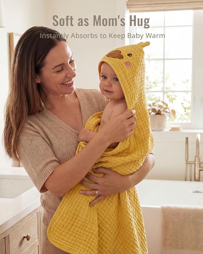 Blissful Diary Muslin Baby Hooded Towel 2 Pack, Soft & Absorbent Bath Towel for Infant, Toddler, Unisex, Baby Gift, Newborn Essentials, Sunny Duck & Dreamy Unicorn