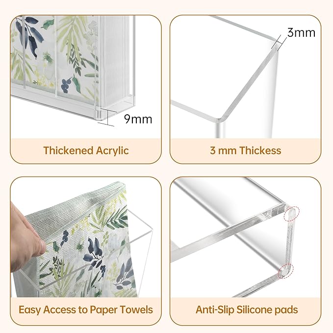 2 Pack Acrylic Napkin Holder, Clear Upright Napkin Dispenser with Non-Slip Pads, Disposable Paper Hand Towel Holder for Dinner Kitchen Restaurant Party