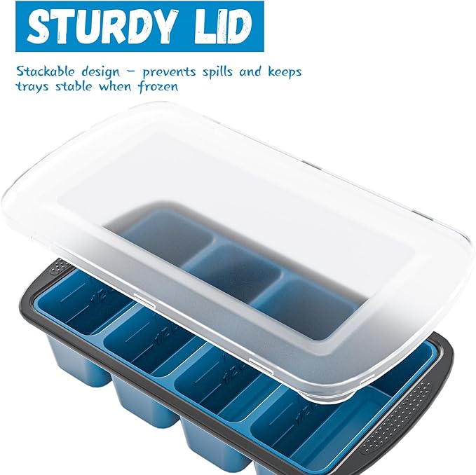 GORCI Silicone Freezer Tray With Lid, 8 Large 1 Cup Soup Freezer Molds, Soup Freezer Container for Meal Prepping, Large Ice Cube Tray， Perfect for Storing Leftovers, Sauces, Lasagna, 2-Pack