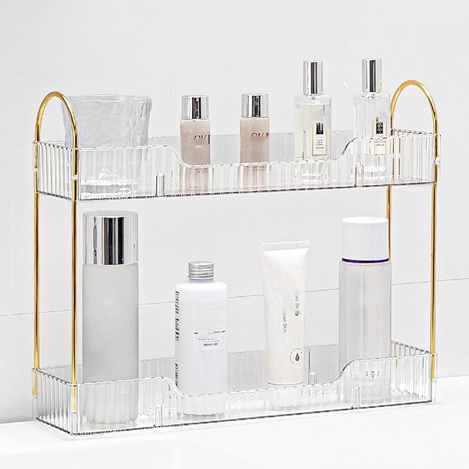 Bathroom Countertop Organizer, 2-Tier Slim Vanity Storage Rack for Bathroom Sink, Narrow Counter Organizer for Toiletries Skincare Perfume with Clear Plastic Trays