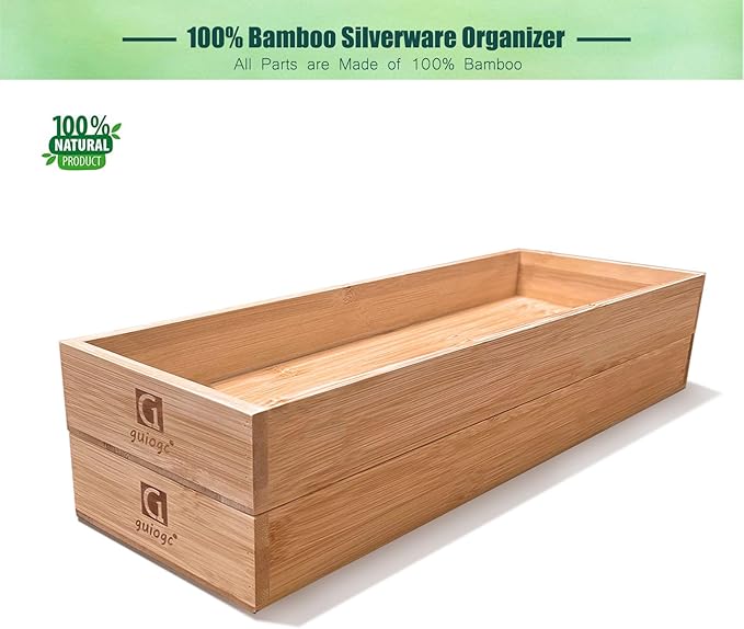 Bamboo Drawer Organizer, Utensil Organizer for Kitchen, Bamboo Storage Box Wood Silverware Tray for Drawer Set of 2