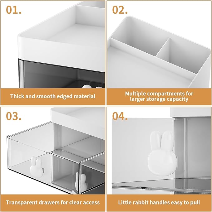 Marbrasse Small Desk Organizer with Drawer, Multi-Functional Pen Pencil Holder Storage Box, Desk Organizers and Accessories with 3 Compartments + 2 Drawer for Office Art Supplies(White)