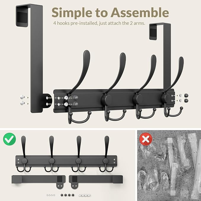 Heavy Duty Over The Door Hooks Rustproof - 25lb Over The Door Towel Rack, Over The Door Towel Hook, Door Hanger for Bathroom, Coat Rack Dorm Room Essentials (1Pack,Black)