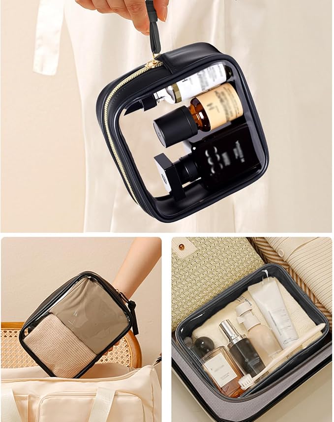 3Pcs Travel Clear Makeup Bag Set for Women, Transparent Toiletry Bag with Zipper Portable Makeup Pouch Organizer Waterproof Small Cosmetic Bag Compact Car Bag Organizer Car Accessories (Black Set)