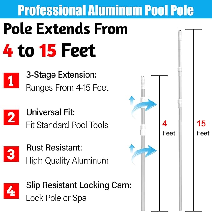 YEECHUN Professional 15 Foot Swimming Pool Pole Telescopic Aluminum Fits Pool Net Skimmer Rake Vacuum Head Brush Cleaning Equipment Heavy Duty,for Skimmer Nets, Vacuum Heads and Brushes